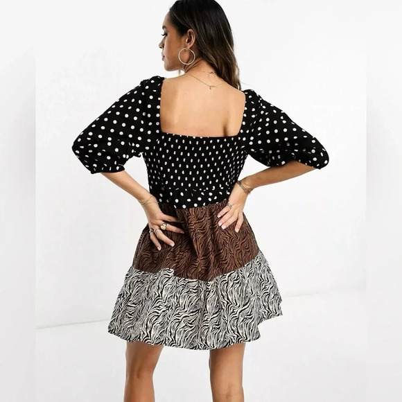 ASOS DESIGN crochet tiered babydoll mini dress in mixed animal print SZ 2O - Picture 4 of 9